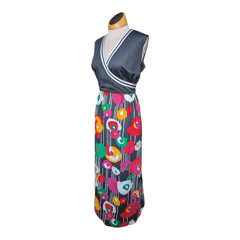 Vtg 1960s Black Colorful Mod Floral Surplice Neck Sleeveless Maxi Dress Sz 10